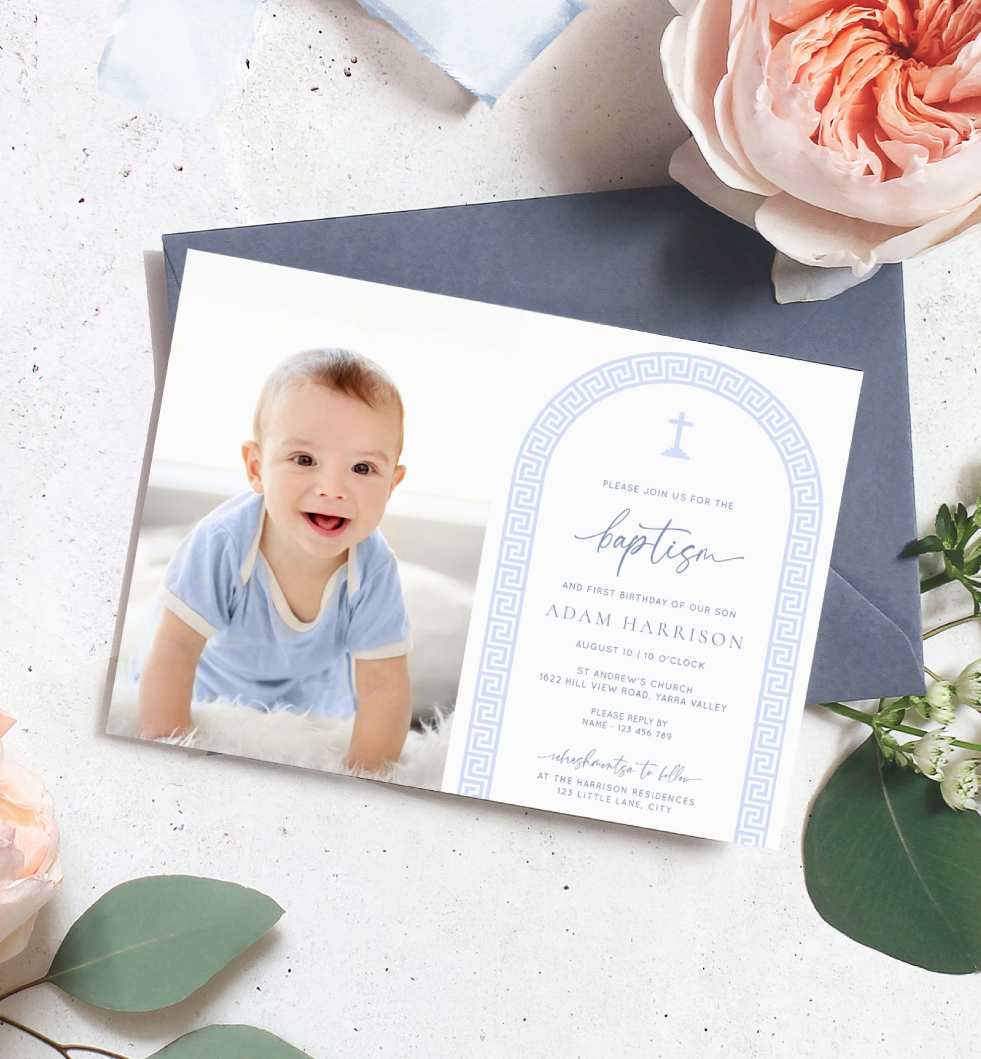 Printable Photo Baptism Invitation Template, Greek Key, Arch, Blue Boy First Birthday Printable Invitation, Editable Christening Invitation