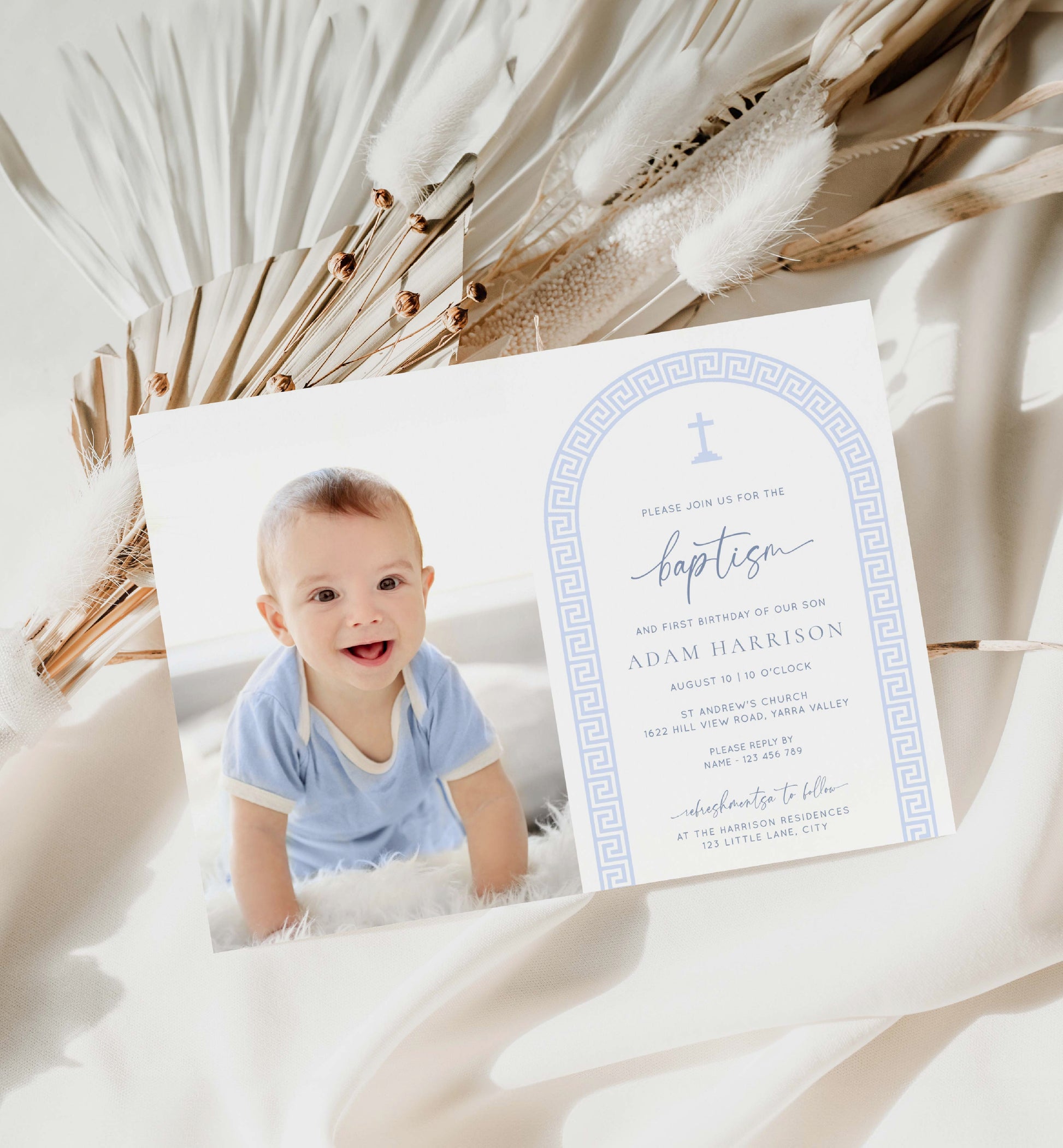 Printable Photo Baptism Invitation Template, Greek Key, Arch, Blue Boy First Birthday Printable Invitation, Editable Christening Invitation