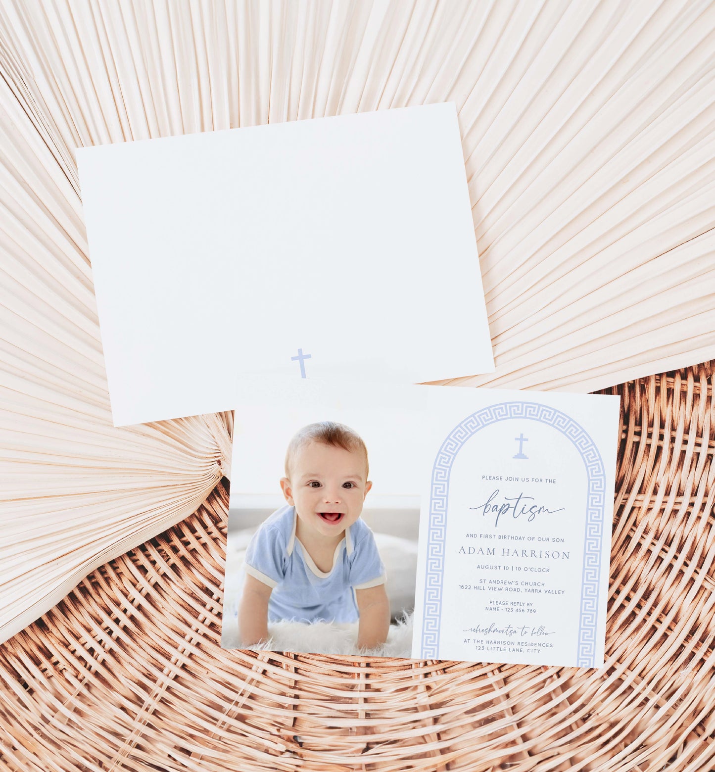 Printable Photo Baptism Invitation Template, Greek Key, Arch, Blue Boy First Birthday Printable Invitation, Editable Christening Invitation