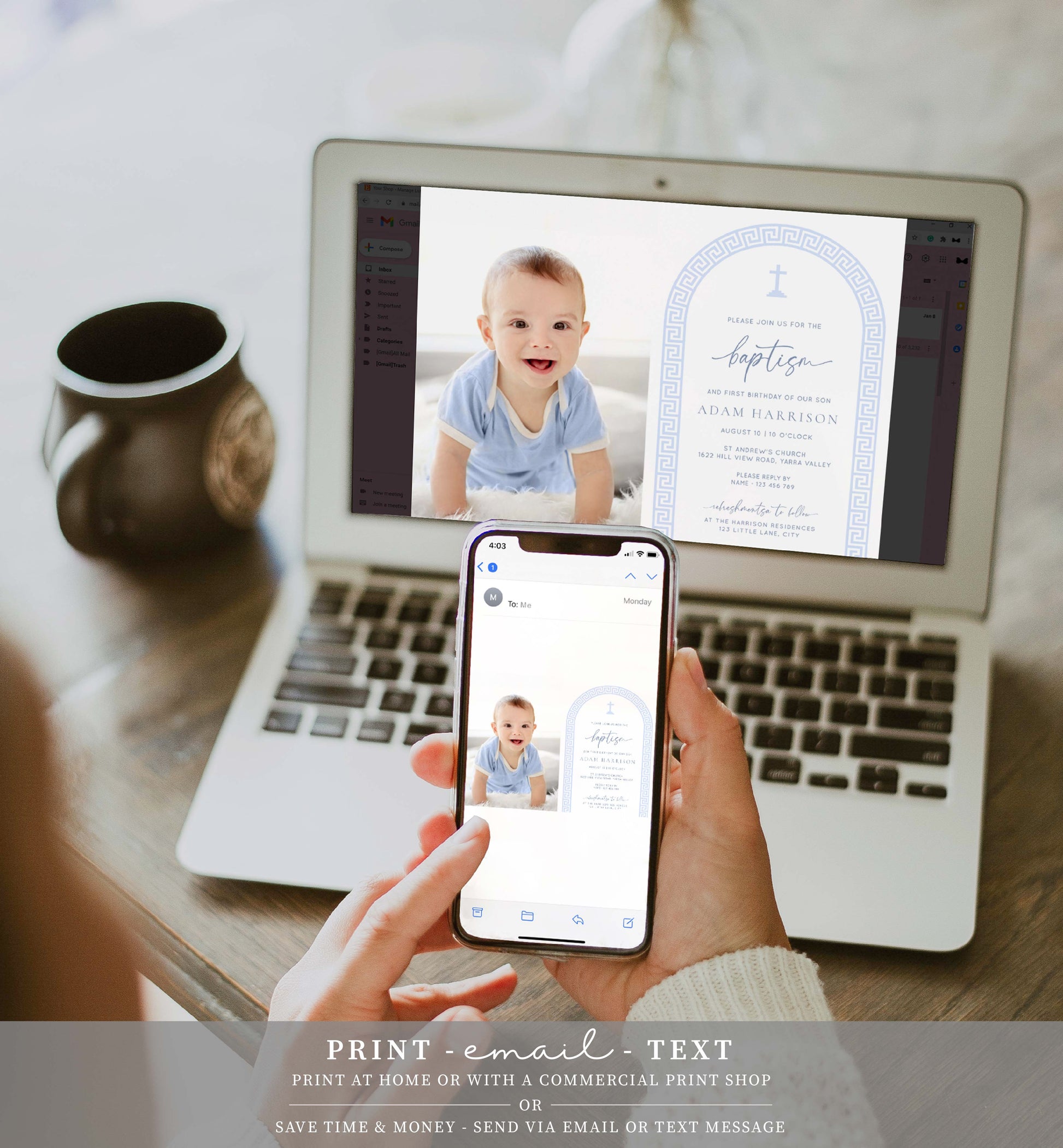 Printable Photo Baptism Invitation Template, Greek Key, Arch, Blue Boy First Birthday Printable Invitation, Editable Christening Invitation