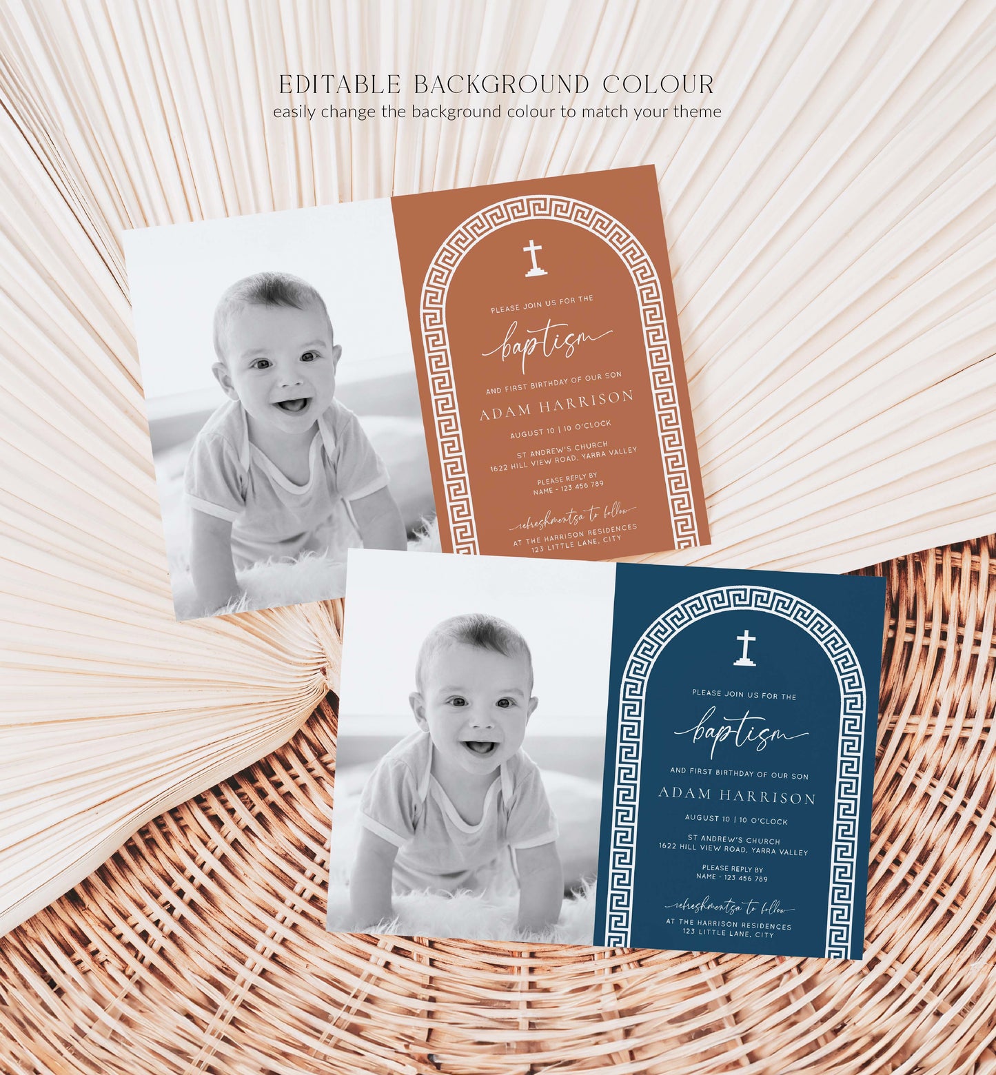 Printable Photo Baptism Invitation Template, Greek Key, Arch, Blue Boy First Birthday Printable Invitation, Editable Christening Invitation