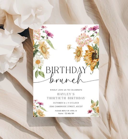 Printable Birthday Brunch Invitation, Sunflower Fall Floral Birthday Lunch Invite, Autumn Girls Birthday Invite, Birthday Party Evite, Mews