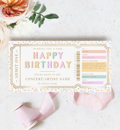 Happy Birthday Concert Gift Voucher Template, Printable Birthday Gift Certificate, Unisex Birthday Printable Birthday Gift Coupon, Music Festival Ticket Gift, Music Tour Ticket Gift Voucher