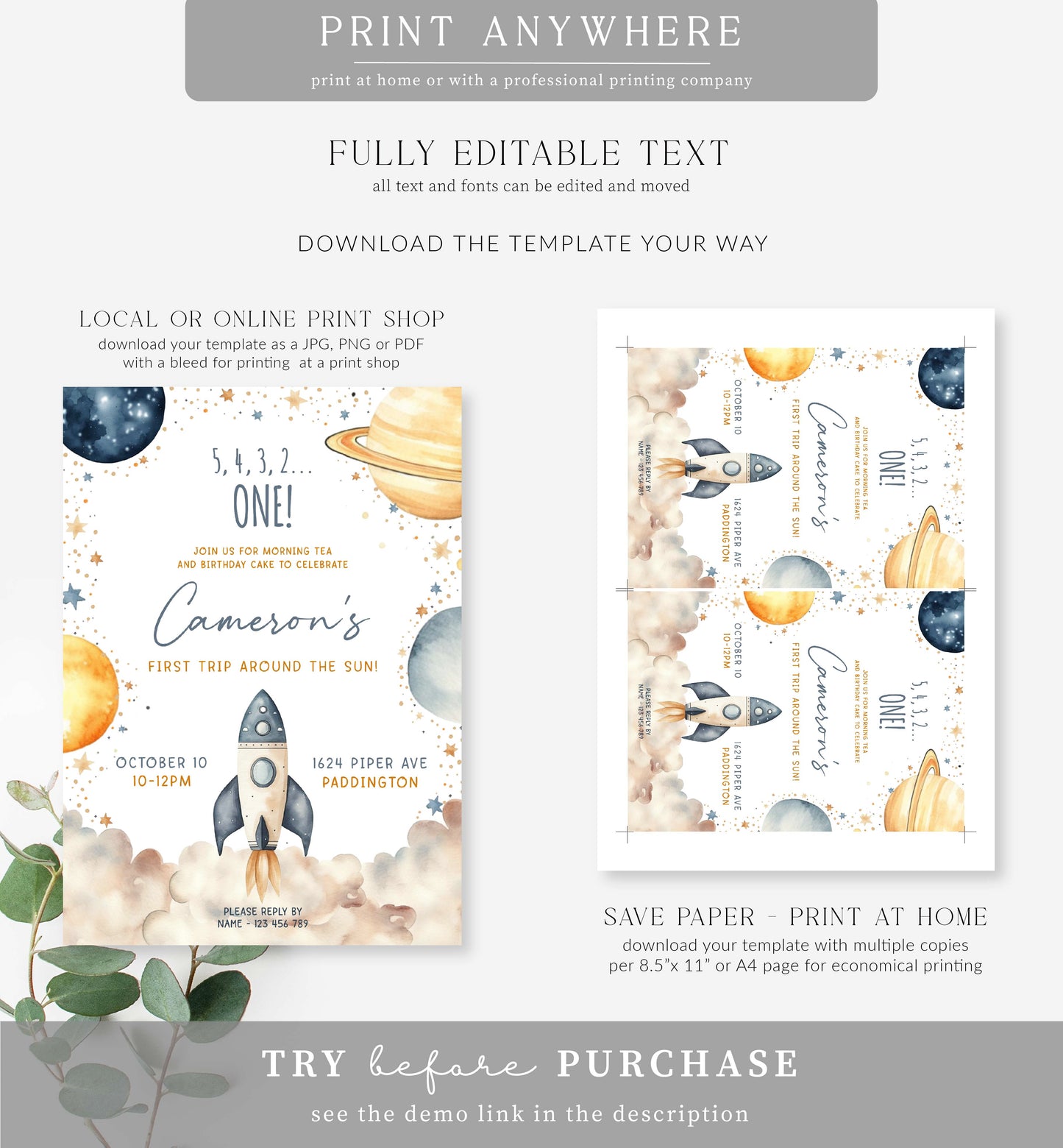 Space White | Printable Birthday Invitation Template