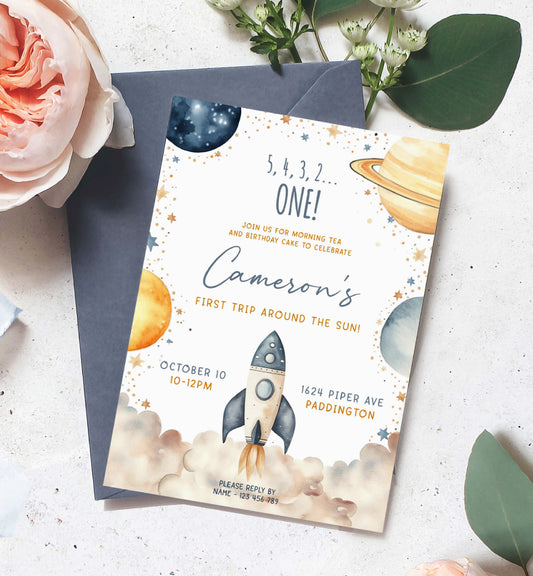 First Trip Around The Sun Birthday Party Invitation, Printable 1st Birthday Party Invite, Boy Space Invitation, First Birthday Blast Off Astronaut Invite