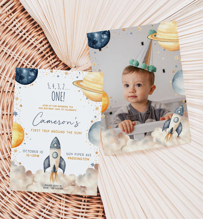 First Trip Around The Sun Birthday Party Invitation, Printable 1st Birthday Party Invite, Boy Space Invitation, First Birthday Blast Off Astronaut Invite