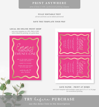 Wave Hot Pink Gold | Printable Birthday Invitation Template