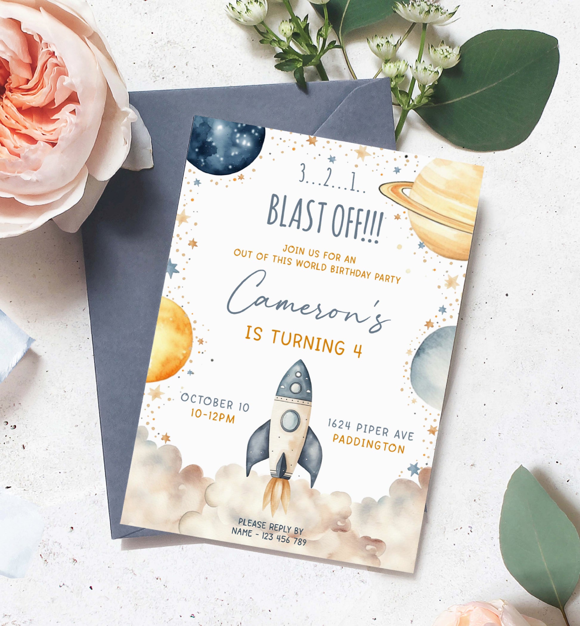 Outer Space Rocket Ship Birthday Party Invitation, Galaxy Planets Printable Any Age Birthday Party Invite, Boy Blast Off Space Invitation, Astronaut Invite