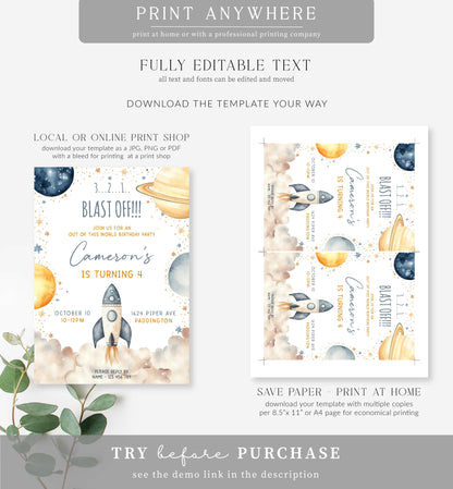 Space White | Printable Birthday Invitation Template