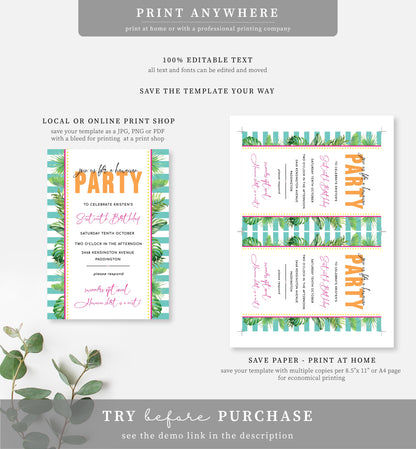 Printable Tropical Birthday Invitation, Editable Hawaiian Party Birthday Invitation, Male Birthday, Tropical Palm Evite, Kids Pool Party