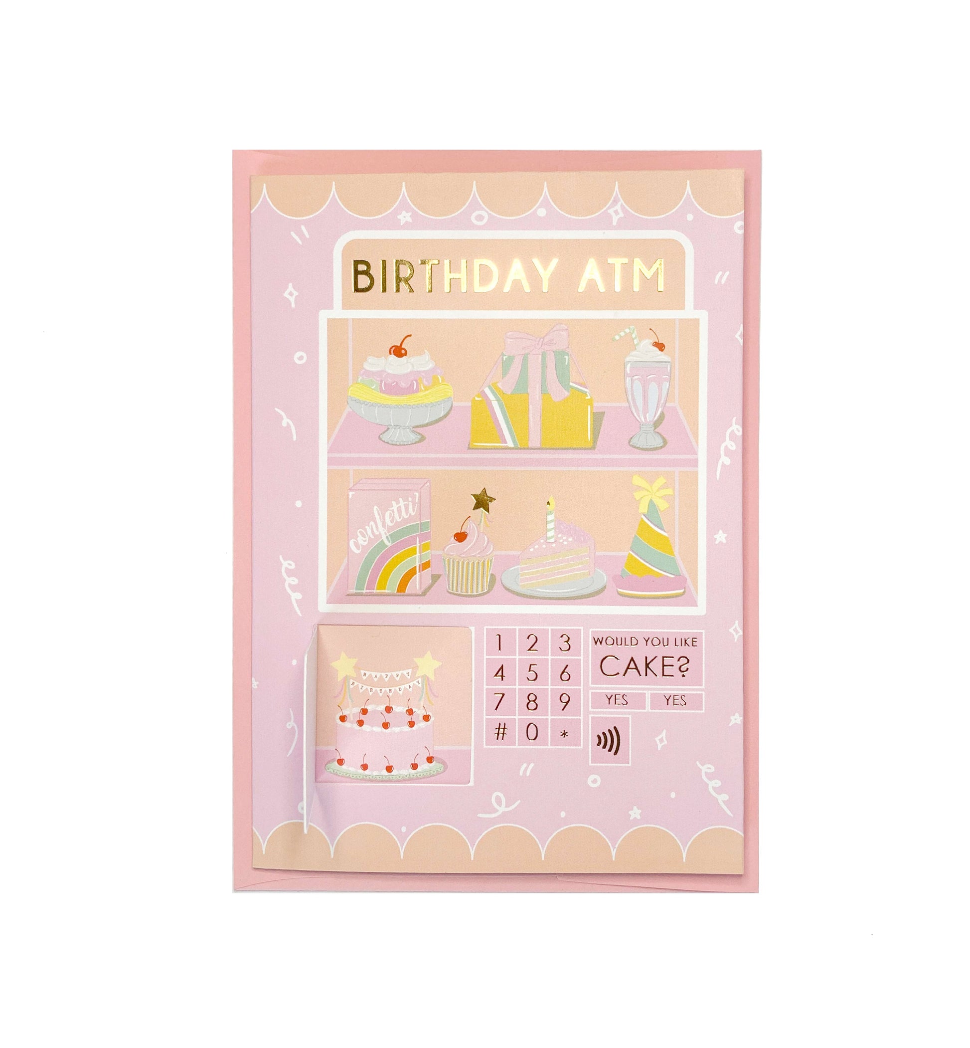 Birthday ATM Greeting Card, Girls Birthday Greeting Card, Funny Birthday Greeting Card, Gold Foil Scalloped Birthday Card, Peek-A-Boo Card