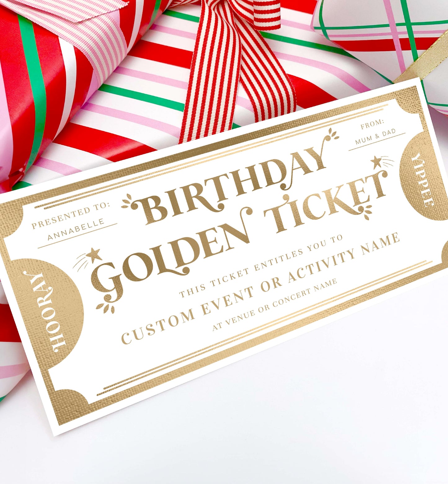 Printable Birthday Golden Ticket Custom Gift Voucher Template, Birthday Gift Certificate, Unisex Birthday Printable Present Coupon, Margo