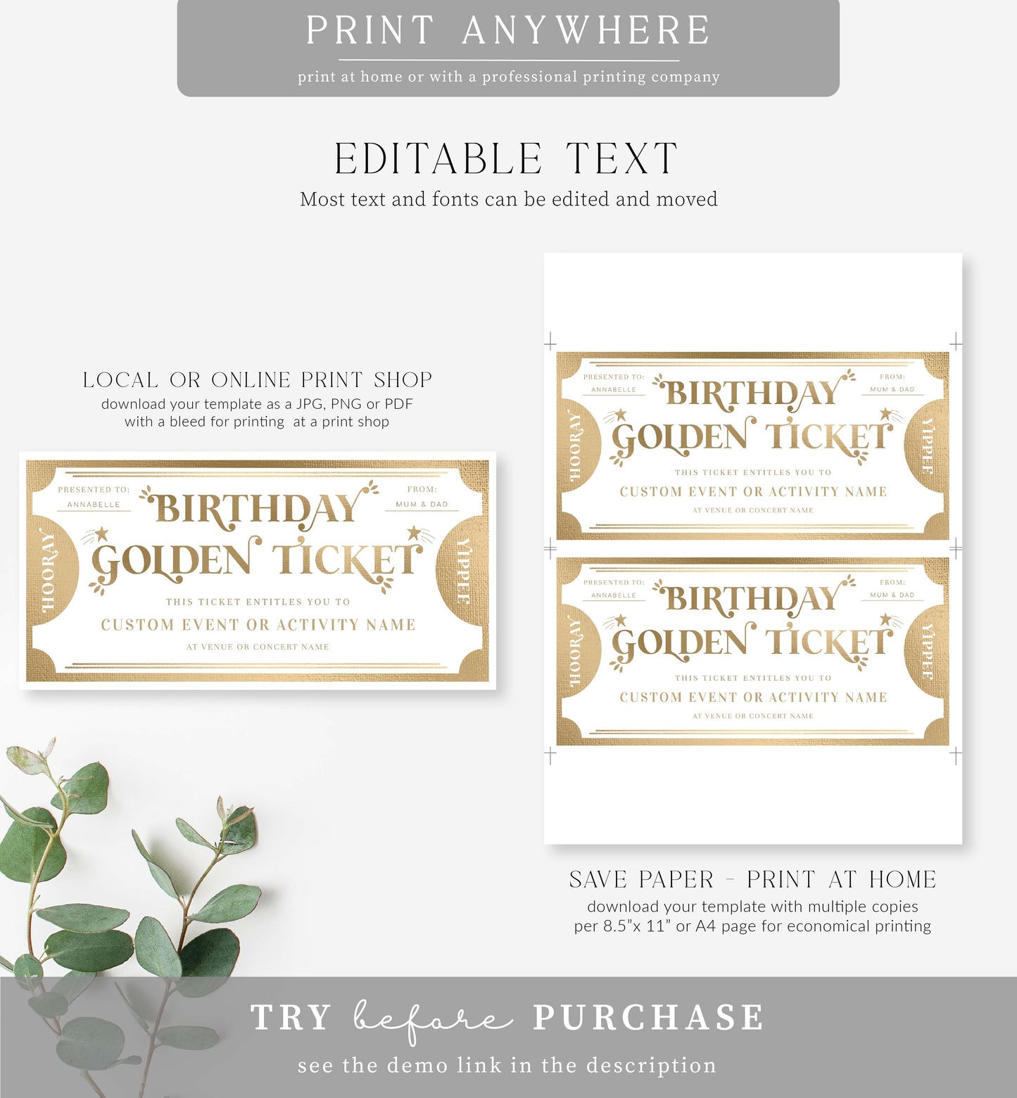 Golden Ticket Gold | Printable Birthday Custom Gift Voucher Template