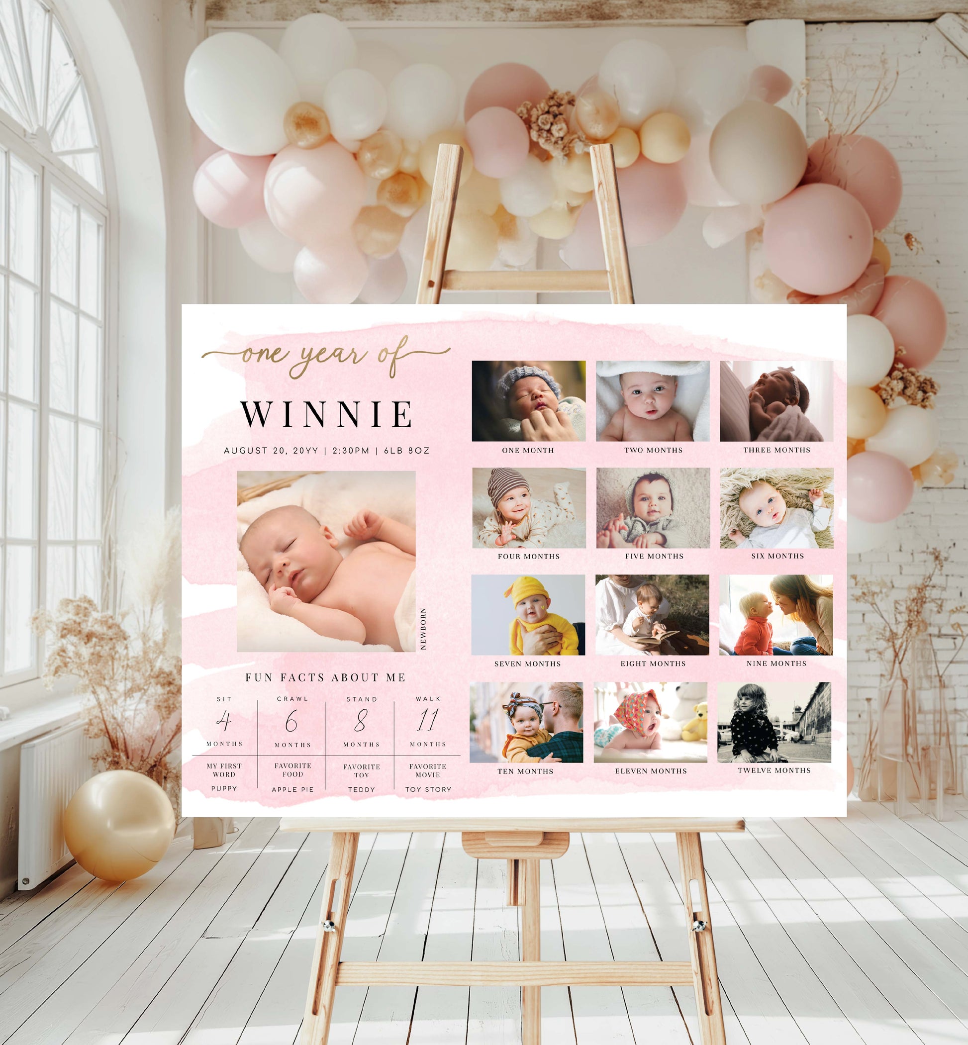 Printable Pink Watercolor First Birthday Photo Timeline Sign, 1st Birthday Photo Poster, First Year Photo Collage Sign, Milestone Sign