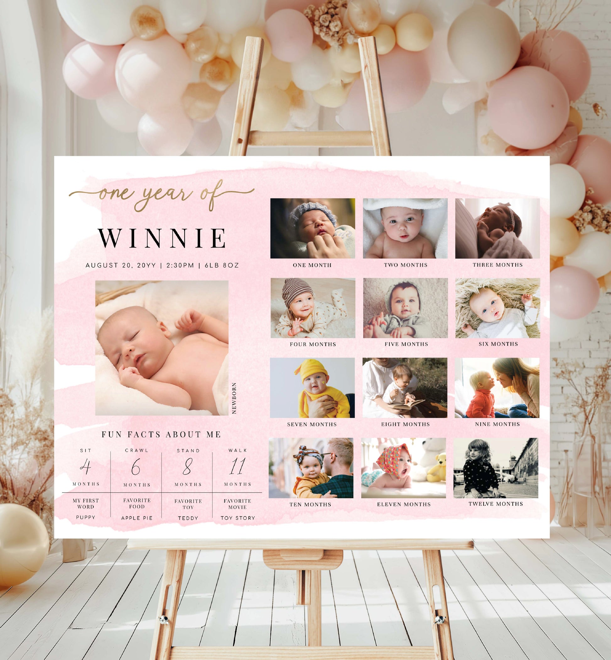 Printable Pink Watercolor First Birthday Photo Timeline Sign, 1st Birthday Photo Poster, First Year Photo Collage Sign, Milestone Sign