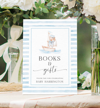 Printable Books and Gifts Sign Template, Sailor Bear Blue Stripe, Printable Boy Baby Shower Present Table Sign, Nautical Boy Baby Shower