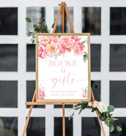 Printable Books and Gifts Sign Template, Pink Peony Floral, Baby Shower Present Table Sign, Wildflower Floral Girl Baby Shower, Piper