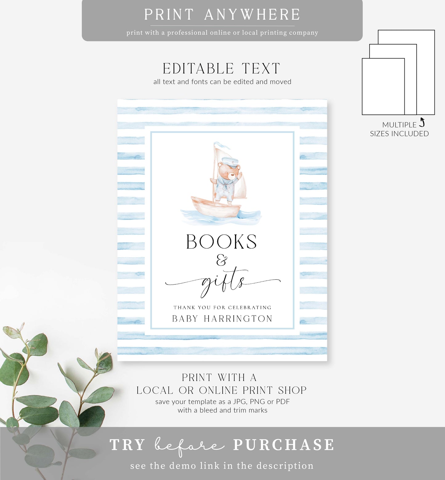 Sailor Bear Blue | Printable Books and Gifts Sign Template