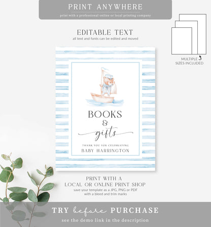 Sailor Bear Blue | Printable Books and Gifts Sign Template