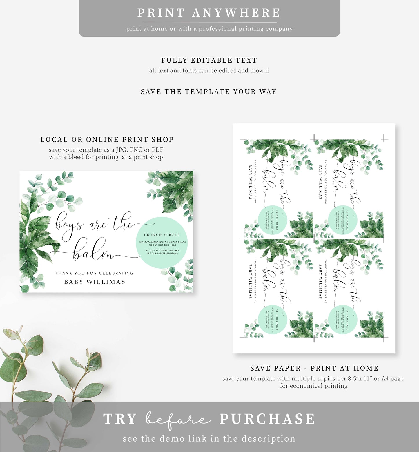 Ferras Blossom Green | Printable Boys Are The Balm Favour Card Template