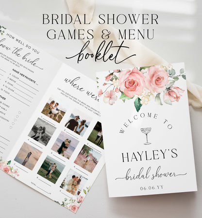 Bridal Shower Menu and Games Booklet, Blush Floral, Bridal Shower Games, Printable Menu, Couples Shower, Hens Party Games, Darcy Pink