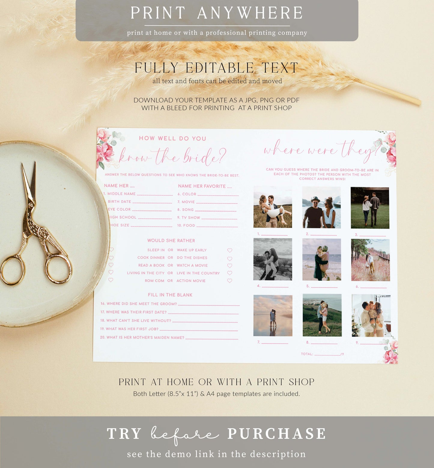 Piper White | Printable Bridal Shower Game and Menu Booklet Template