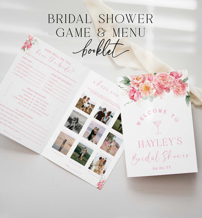 Bridal Shower Menu and Games Booklet, Blush Pink Peony, Printable Bridal Shower Menu, Where Were They Photo Game, Hens Party Games, Piper