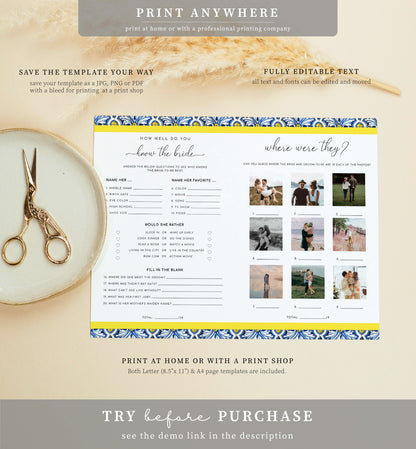 Positano Lemon | Printable Bridal Shower Game and Menu Booklet Template