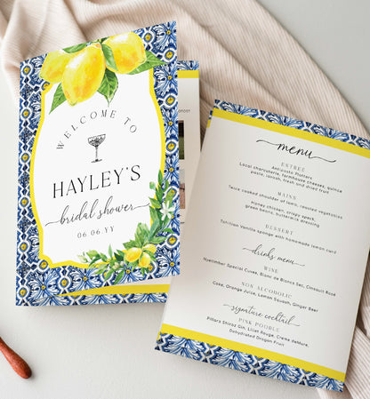 Bridal Shower Menu and Games Booklet, Positano Blue Tile Bridal Shower, Lemons, Printable Menu, Bridal Shower Games, Hens Party Games