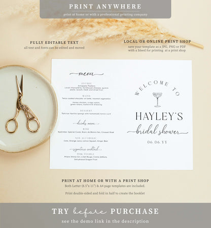 Quinn Script | Printable Bridal Shower Game and Menu Booklet Template