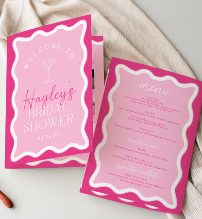 Hot Pink Wavy Bridal Shower Menu and Games Booklet, Modern Wavy Line Bridal Shower Game, Printable Menu Template, Hens Party Games, Wave