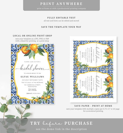 Positano Oranges | Printable Bridal Shower Invitation Suite Template