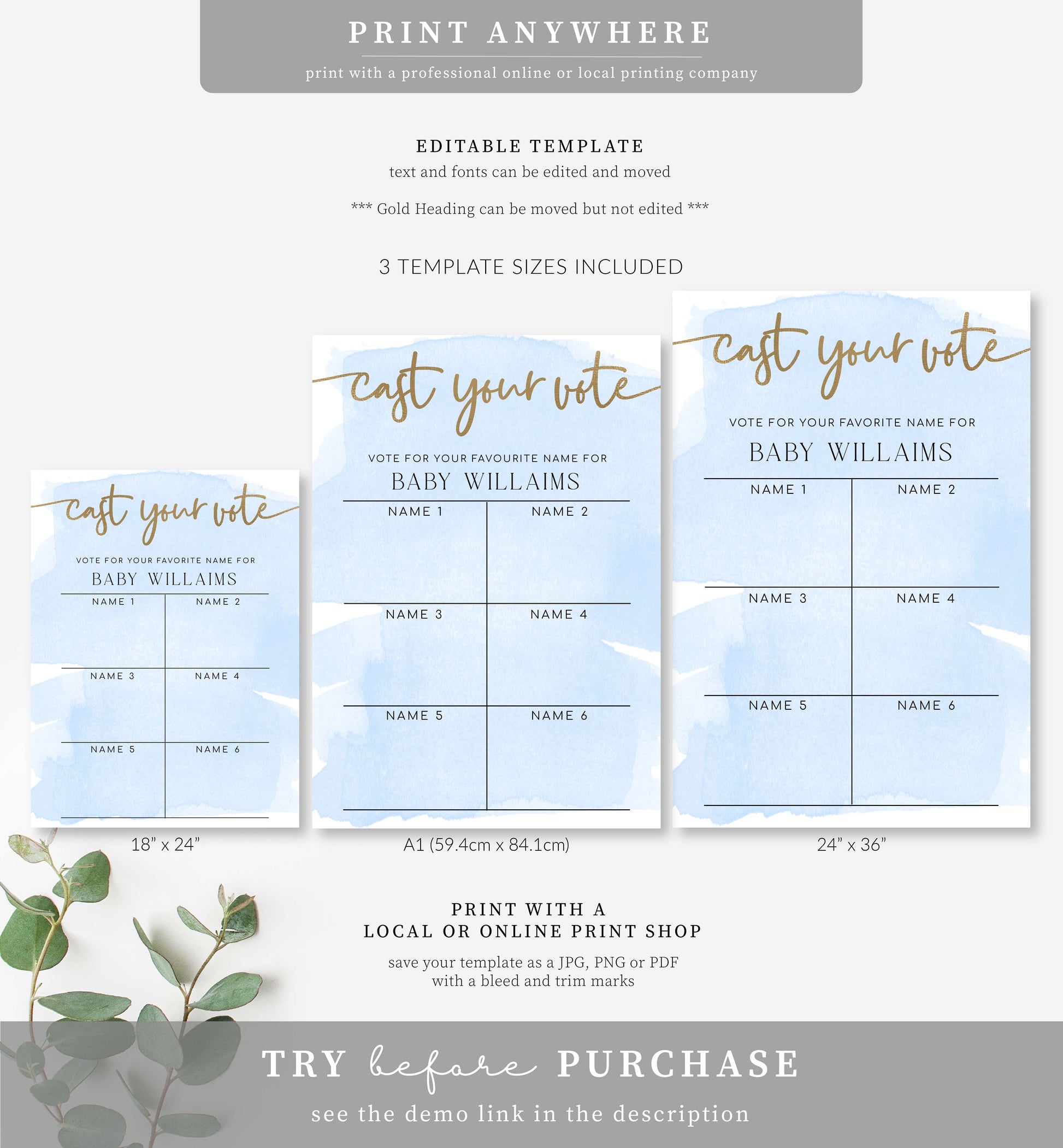 Watercolour Blue  Printable Baby Name Voting Game Sign Template – Black  Bow Studio