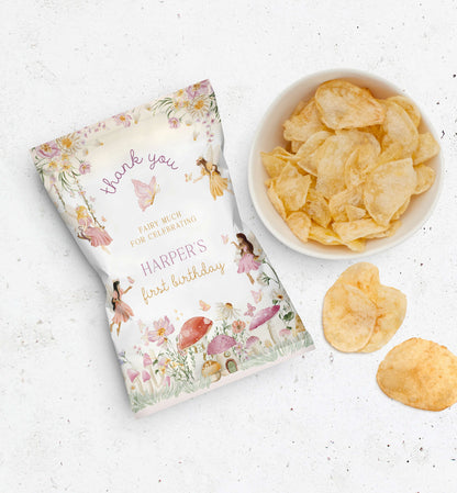 Printable Fairy First Birthday Chip Packet Wrap, Fairy Princess Favor Label, Girl Birthday Thank You Crisp Bag Label, Fairy Garden Tea Party