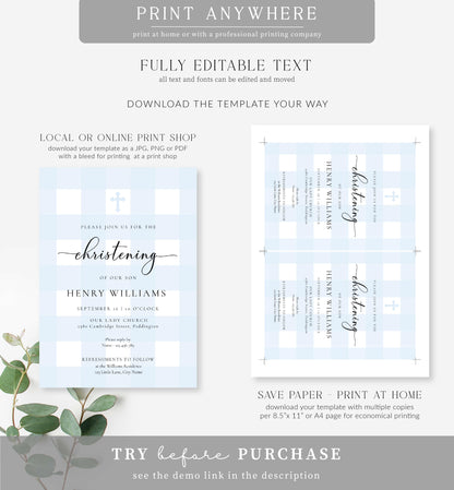 Gingham Blue | Printable Christening Invitation Template