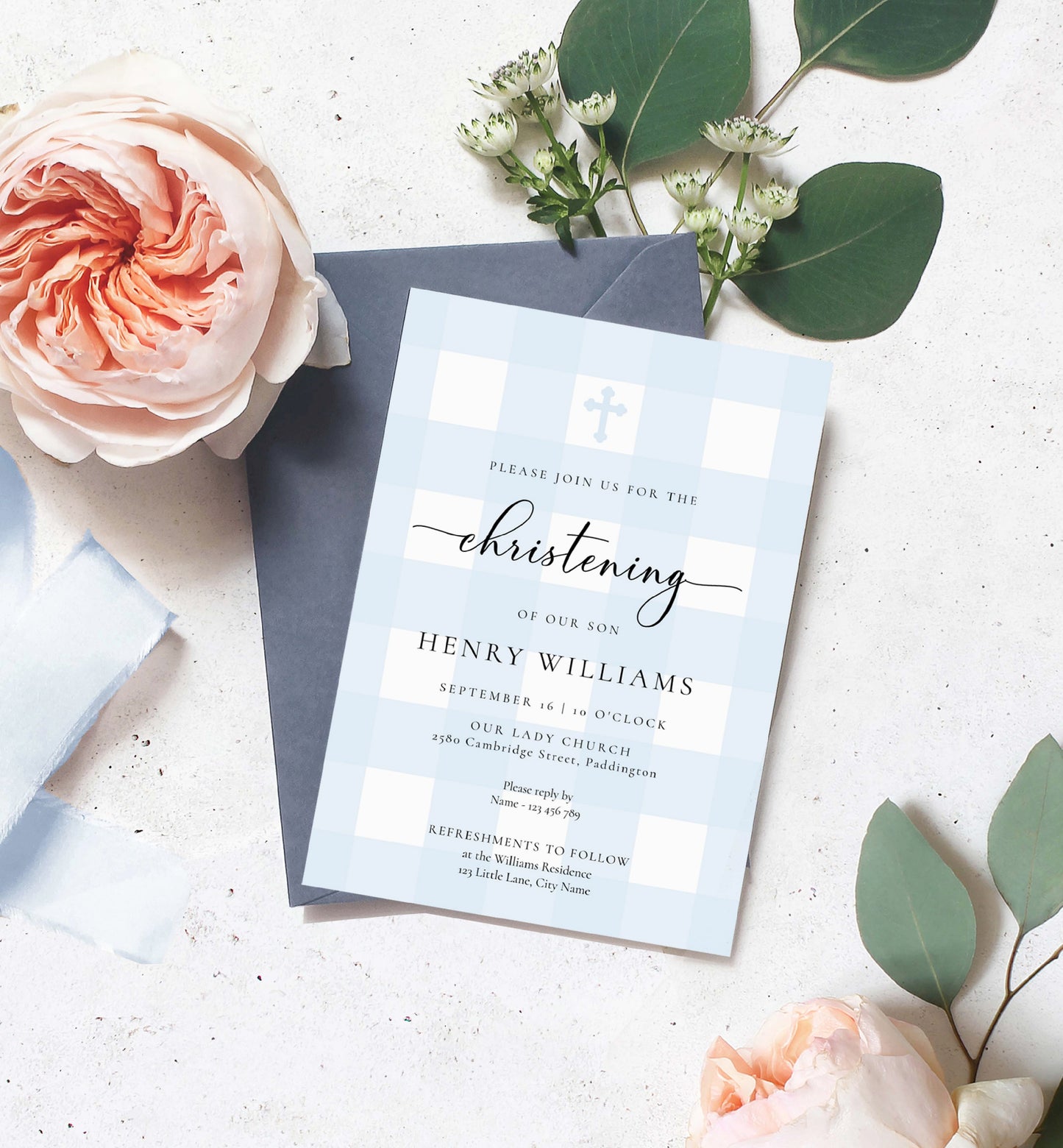 Gingham Blue | Printable Christening Invitation Template