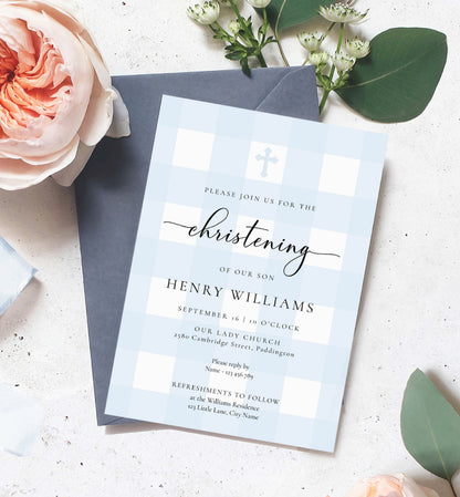 Gingham Blue | Printable Christening Invitation Template