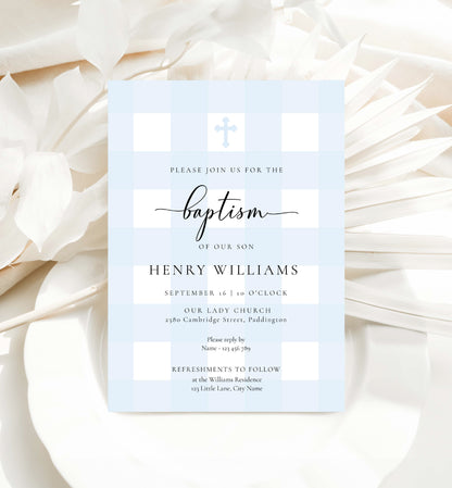 Gingham Blue | Printable Christening Invitation Template