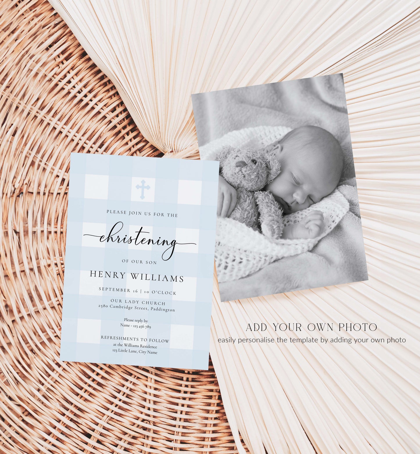 Gingham Blue | Printable Christening Invitation Template