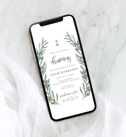 Digital Christening Smartphone Invitation, Text Message First Birthday Invitation Template, Evite, Italian Olive Leaves, Olive Grove