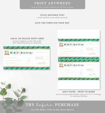 Stripe Green Pink | Printable Christmas Cheque Gift Voucher Template