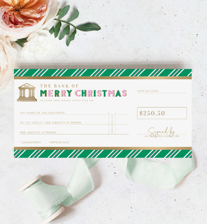 Christmas Cheque Template, Fake Bank Cheque Gift Voucher, Christmas Bonus Cheque, Novelty Bank Cheque, Custom Printable Gift Certificate Christmas Present, Christmas Gift Coupon, Stripe