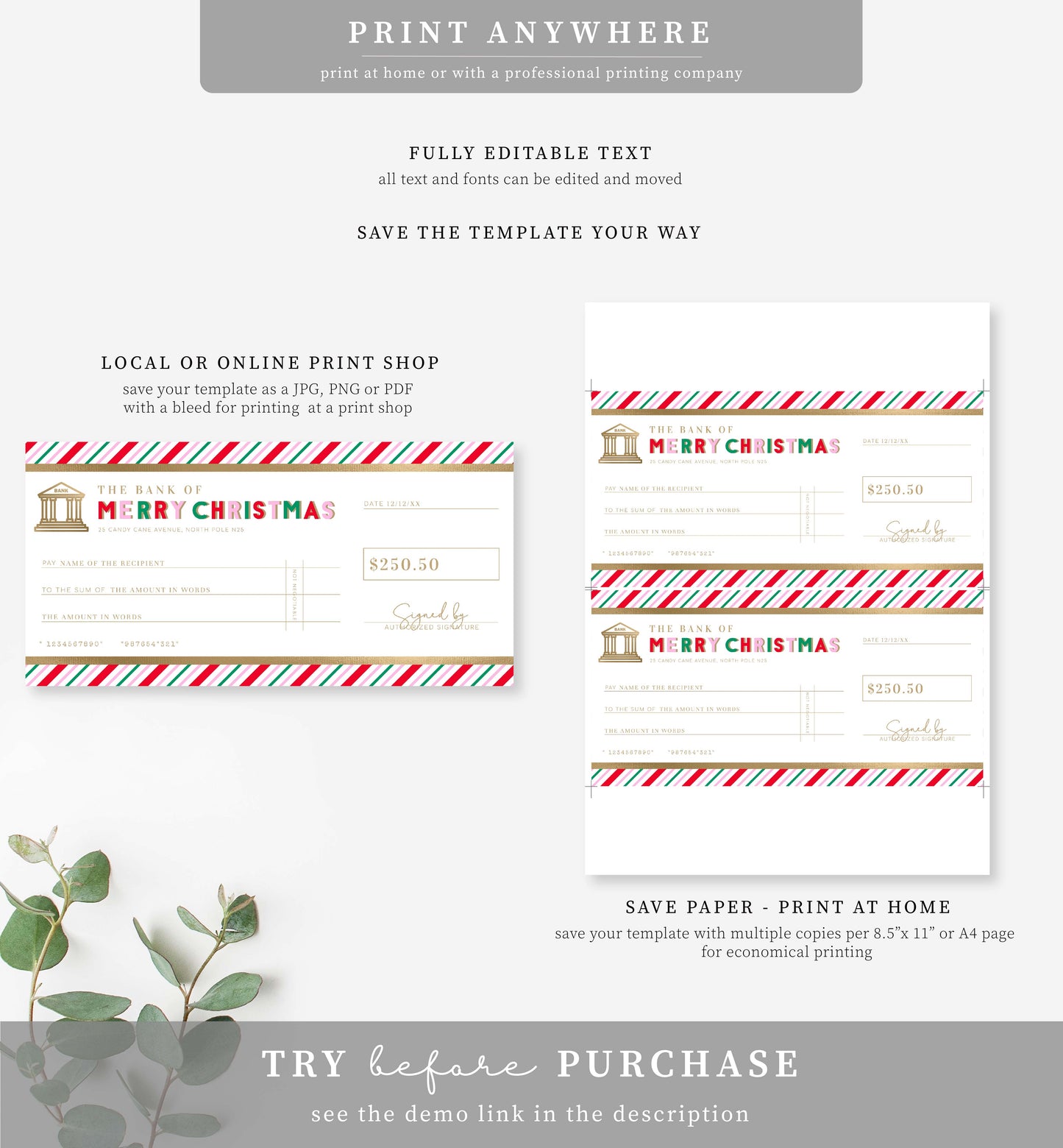 Stripe Pink Multi | Printable Christmas Cheque Gift Voucher Template