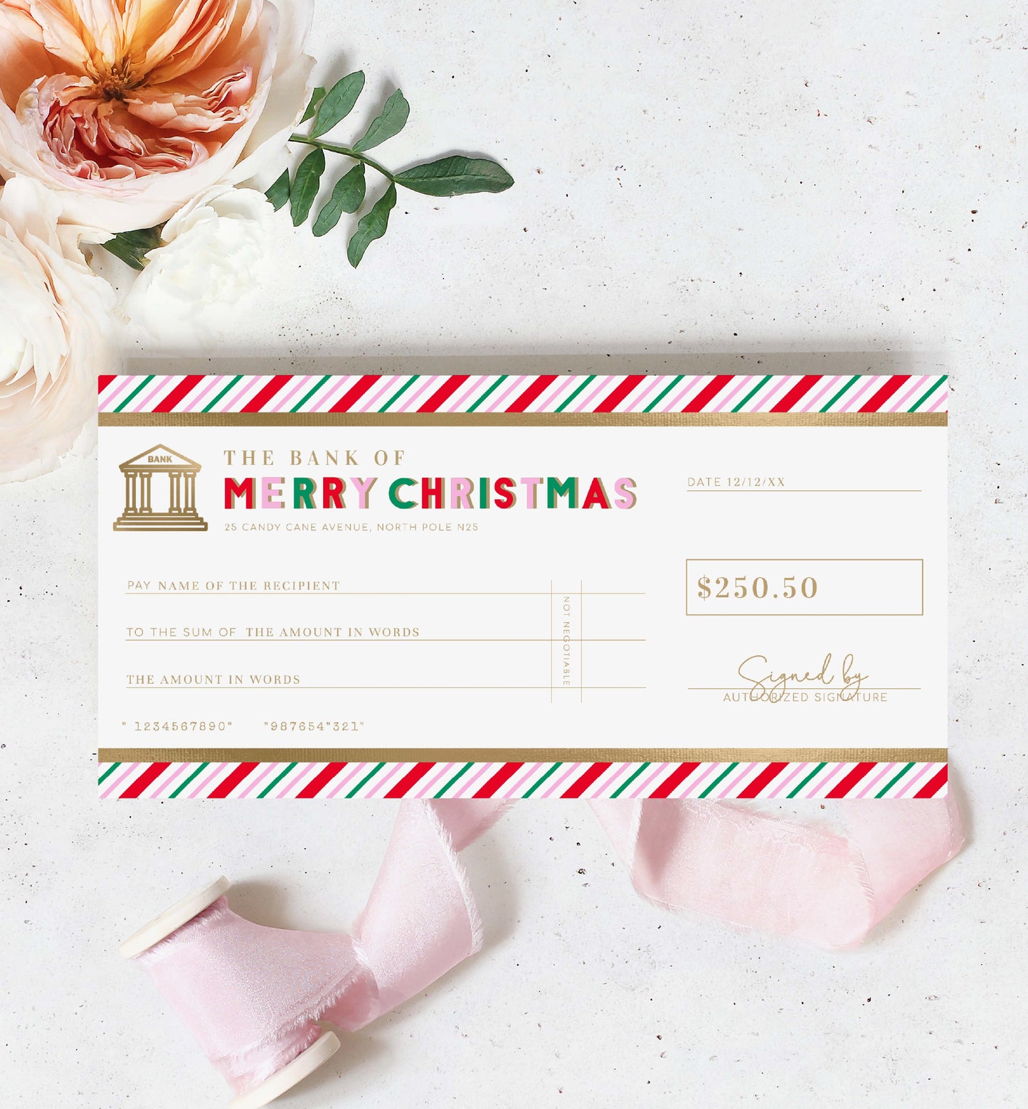 Christmas Cheque Template, Fake Bank Cheque Gift Voucher, Christmas Bonus Cheque, Novelty Bank Cheque, Custom Printable Gift Certificate Christmas Present, Christmas Gift Coupon, Stripe