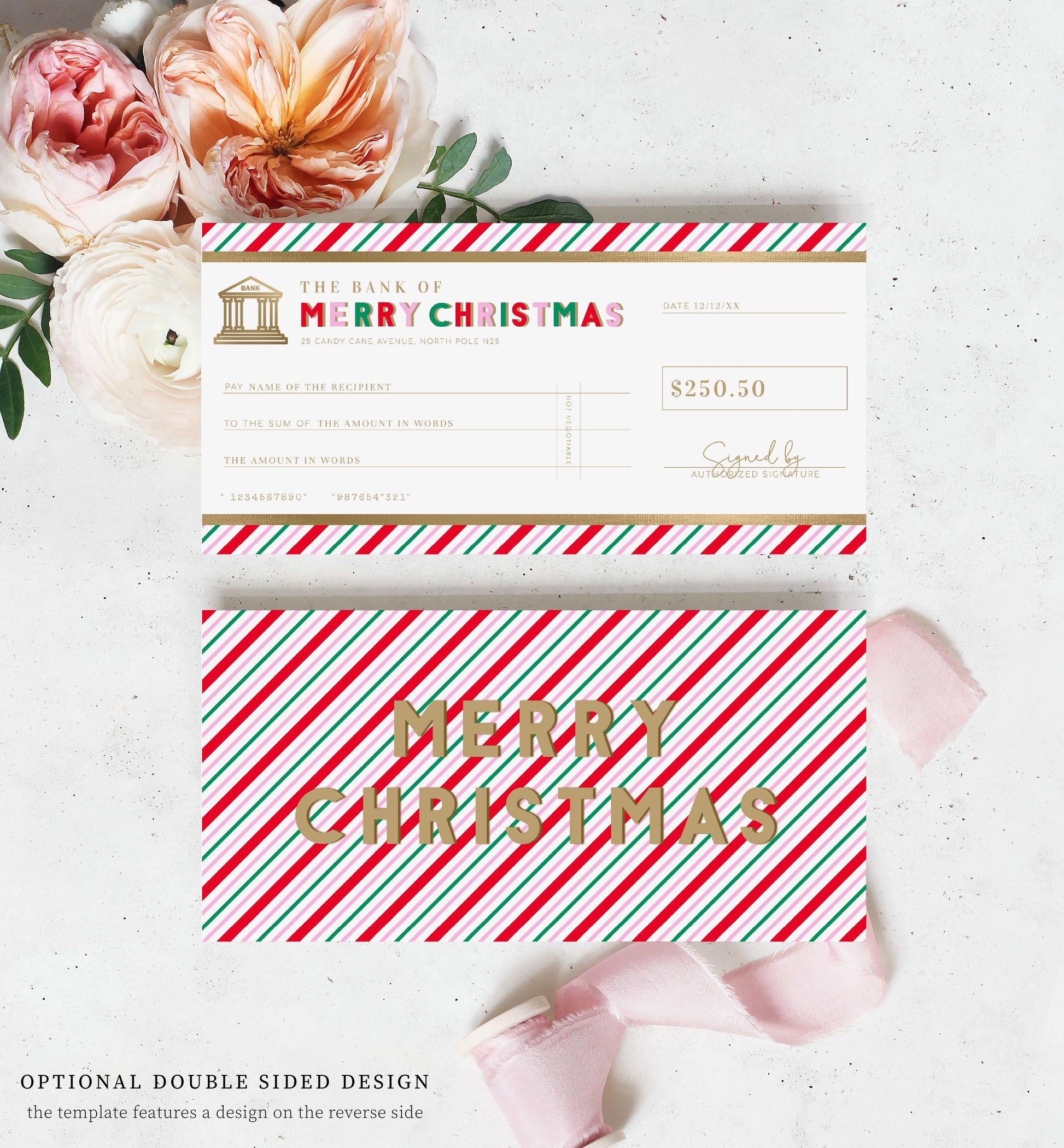 Christmas Cheque Template, Fake Bank Cheque Gift Voucher, Christmas Bonus Cheque, Novelty Bank Cheque, Custom Printable Gift Certificate Christmas Present, Christmas Gift Coupon, Stripe