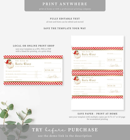 Stripe Red | Printable Christmas Santa Cheque Gift Voucher Template