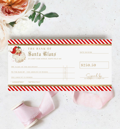 Bank Of Santa Claus Christmas Cheque Template, Fake Bank Cheque Gift Voucher, Christmas Bonus Cheque, Novelty Bank Cheque, Custom Printable Gift Certificate Christmas Present, Christmas Gift Coupon, Stripe