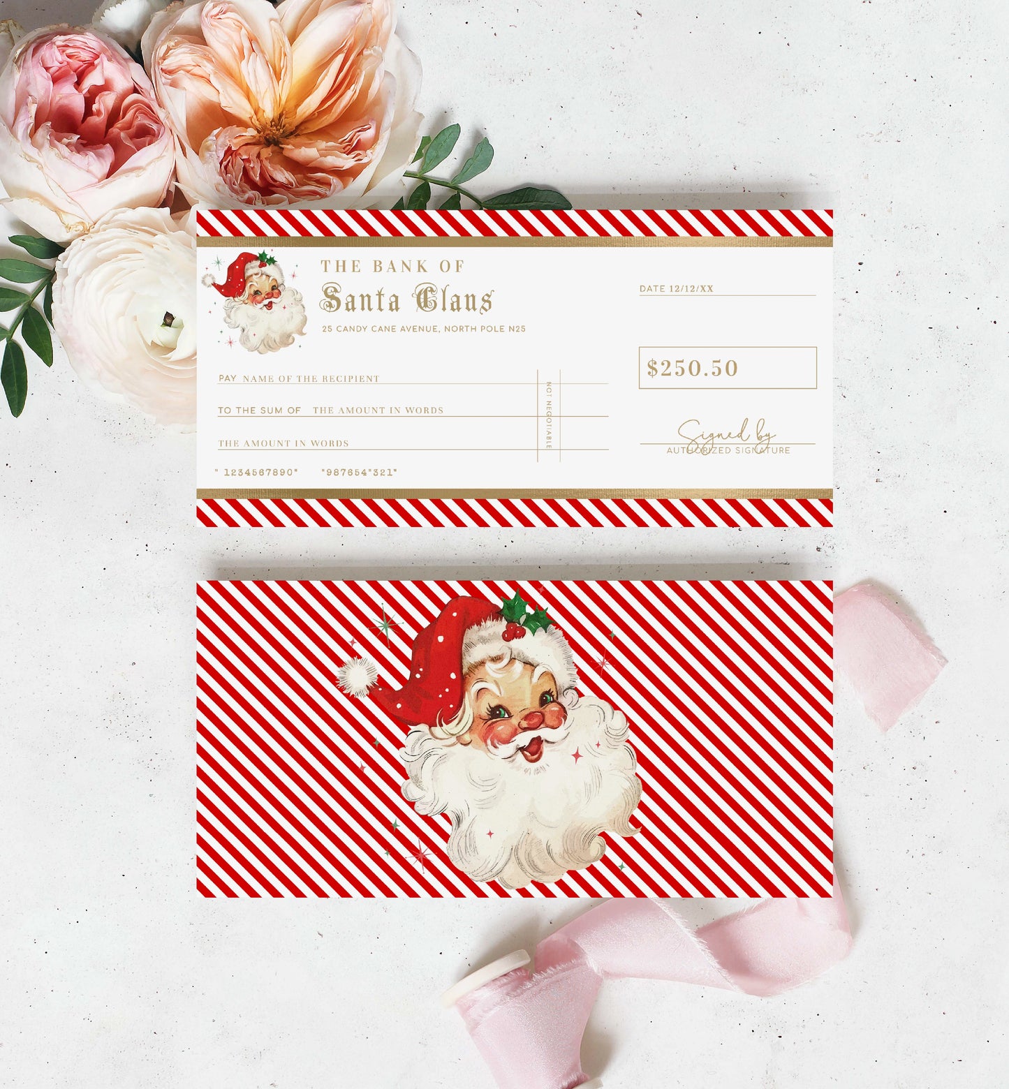 Bank Of Santa Claus Christmas Cheque Template, Fake Bank Cheque Gift Voucher, Christmas Bonus Cheque, Novelty Bank Cheque, Custom Printable Gift Certificate Christmas Present, Christmas Gift Coupon, Stripe