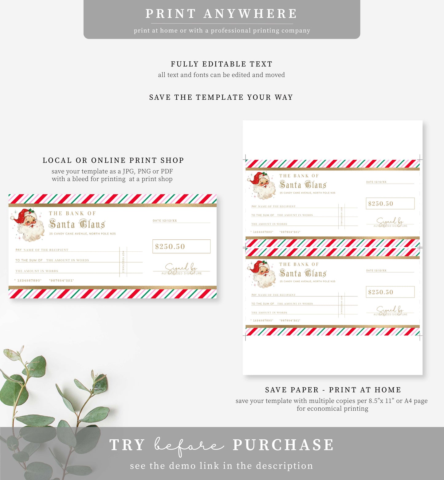 Stripe Pink Multi | Printable Christmas Santa Cheque Gift Voucher Template