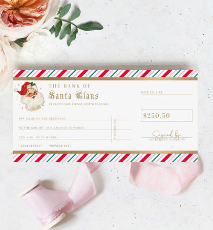 Bank Of Santa Claus Christmas Cheque Template, Fake Bank Cheque Gift Voucher, Christmas Bonus Cheque, Novelty Bank Cheque, Custom Printable Gift Certificate Christmas Present, Christmas Gift Coupon, Stripe